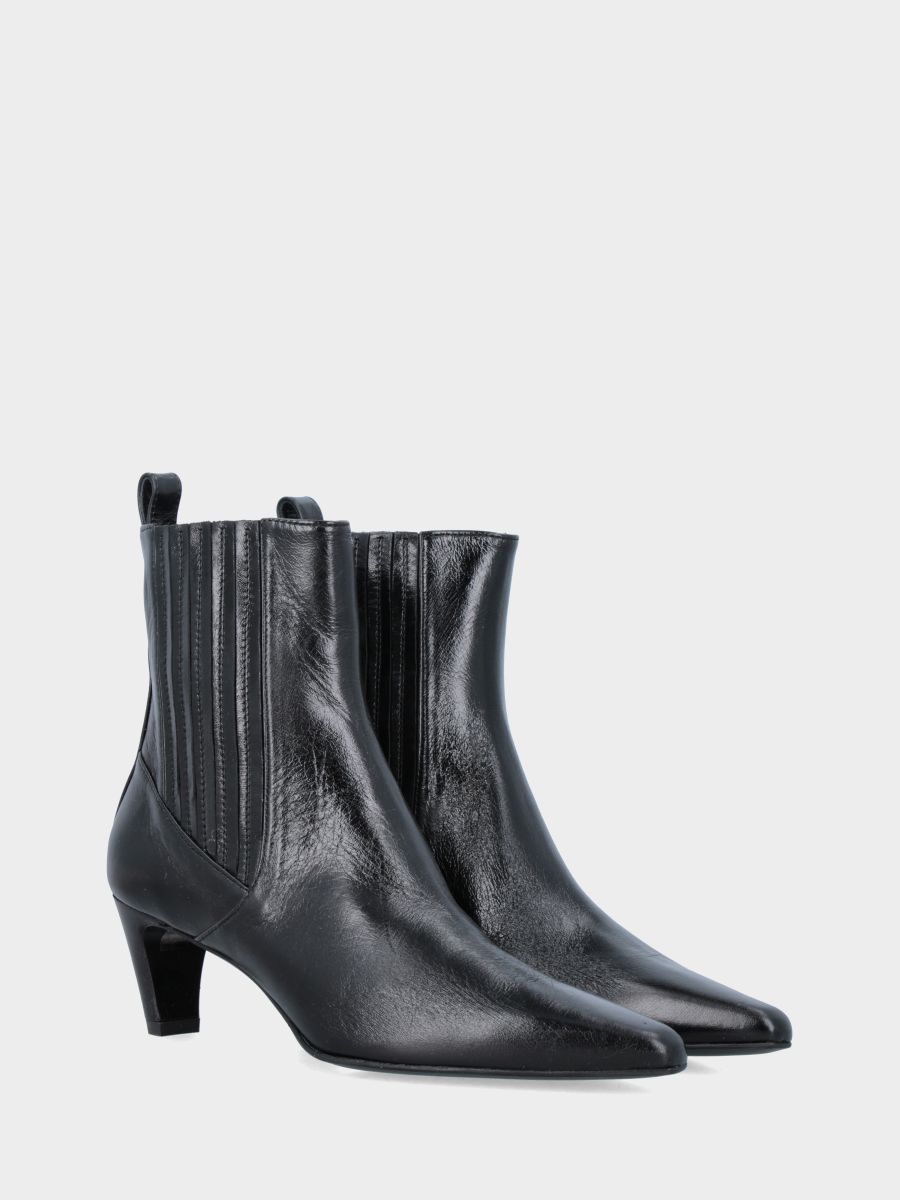 Bottine en verni miroir noir avec talon aiguille et élastiques enveloppants