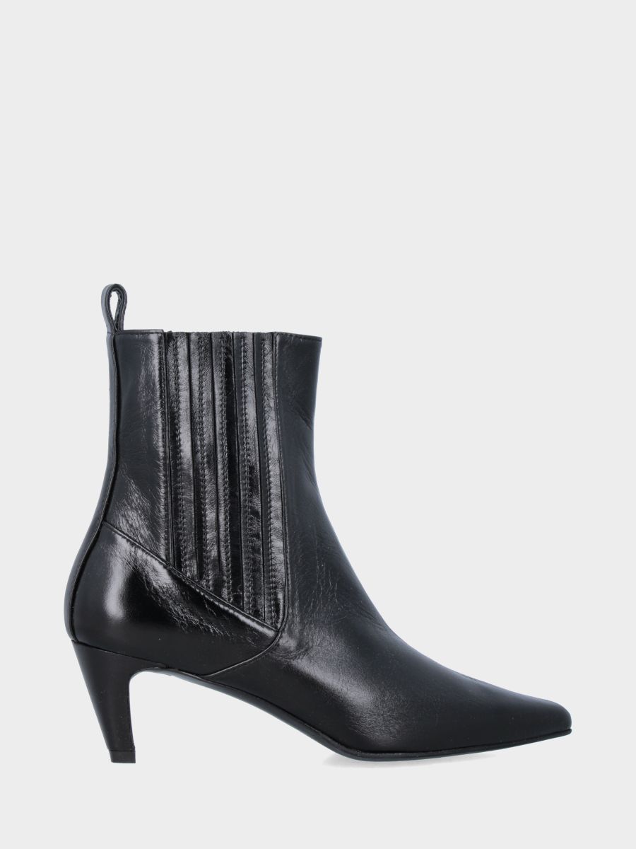 Bottine en verni miroir noir avec talon aiguille et élastiques enveloppants