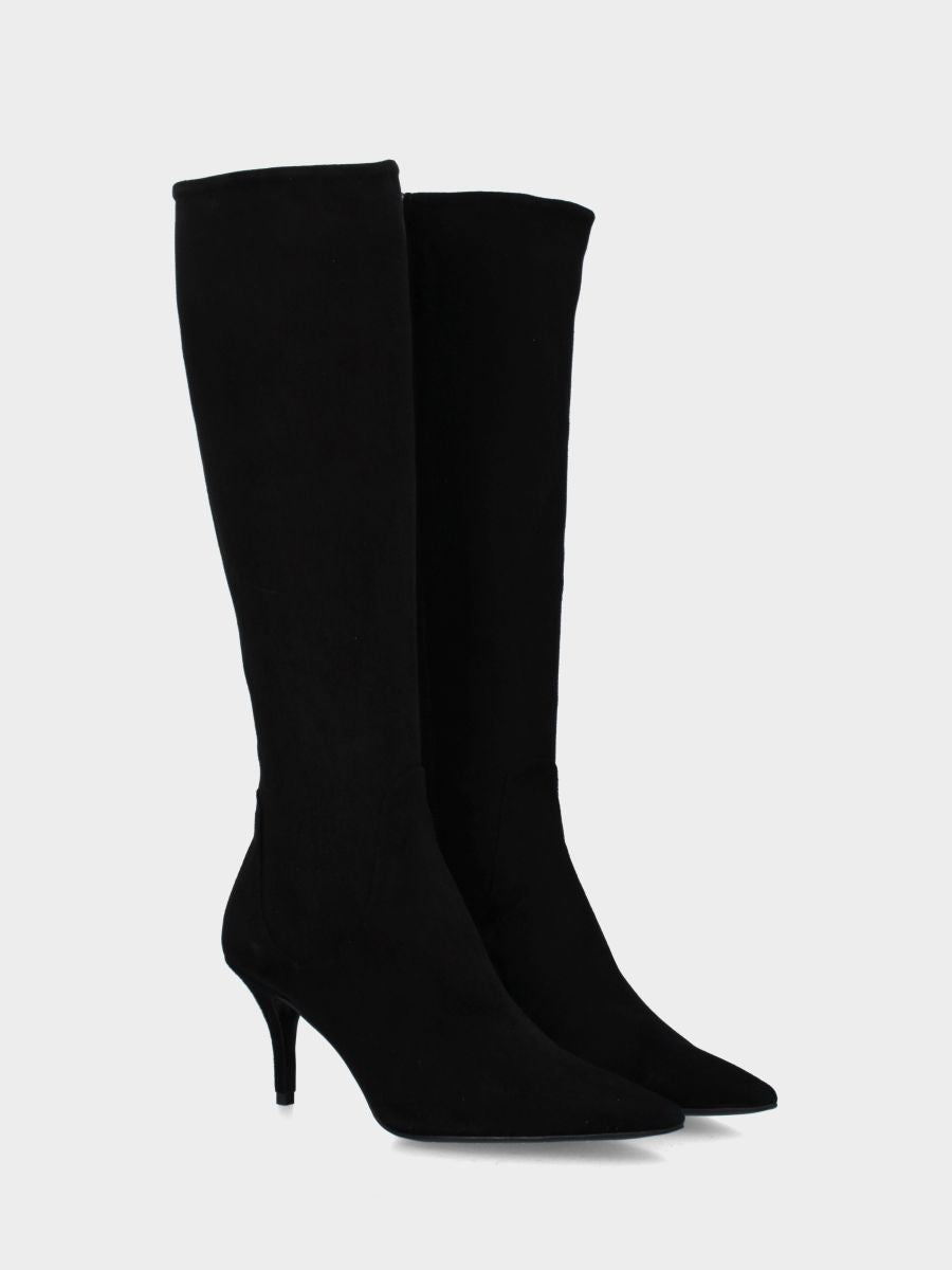 Botte en suède noir avec talon aiguille en forme de calice