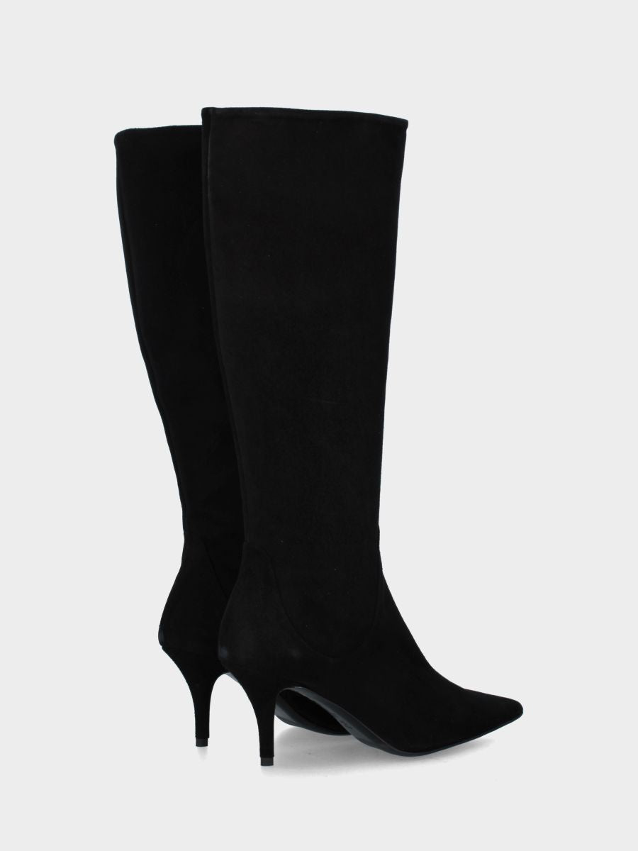 Botte en suède noir avec talon aiguille en forme de calice