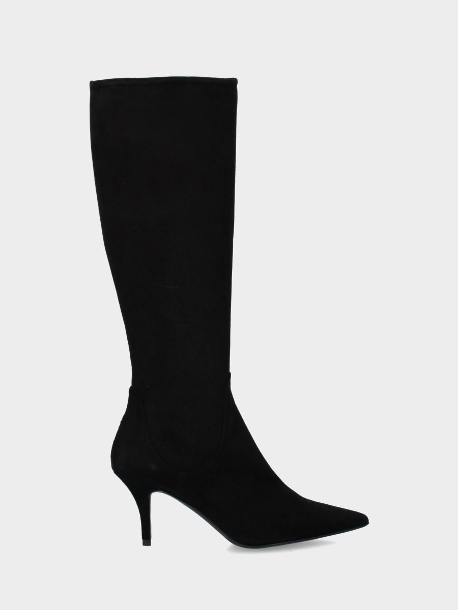 Botte en suède noir avec talon aiguille en forme de calice