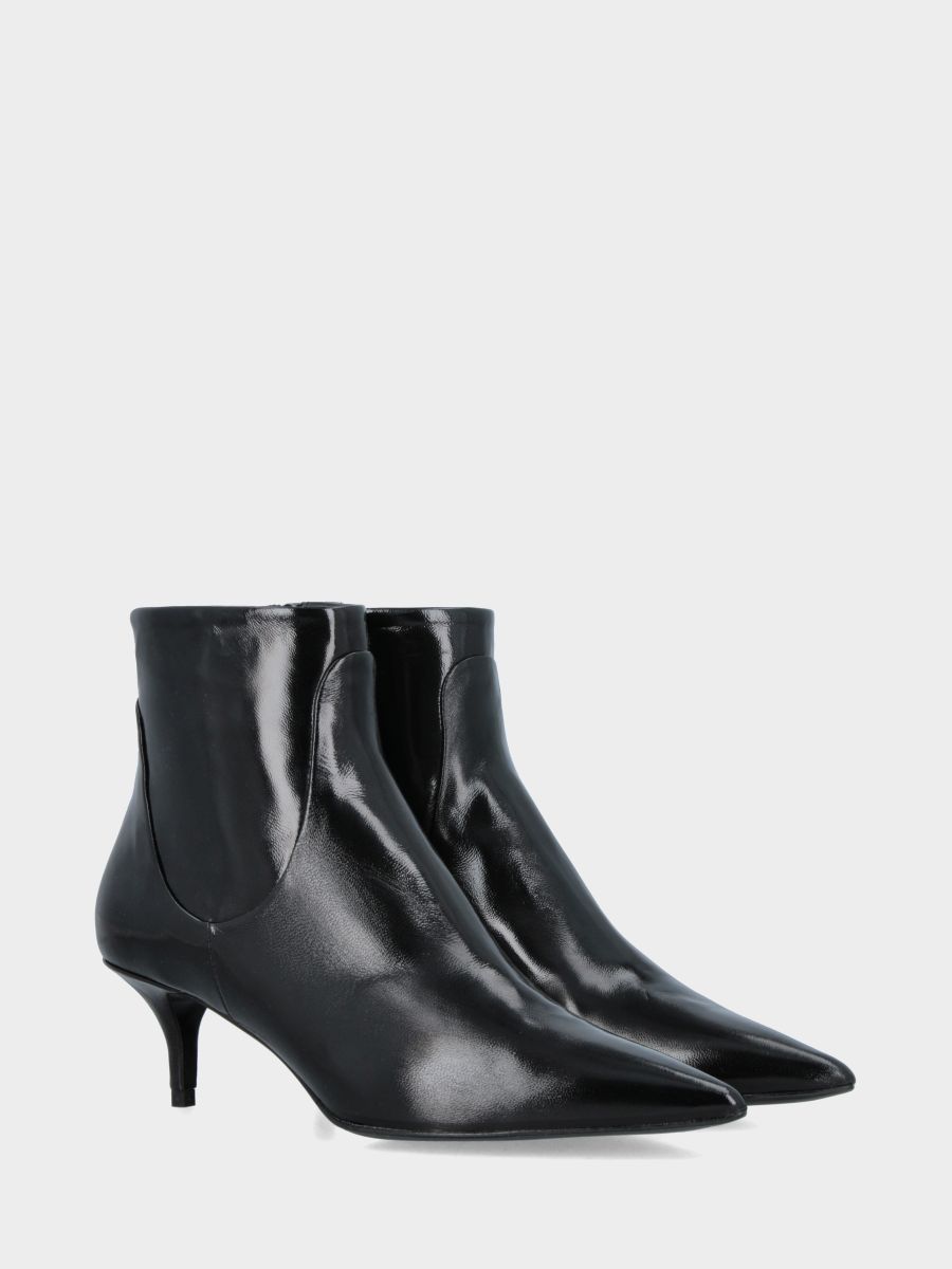 Bottine en verni miroir noir avec talon aiguille en forme de calice