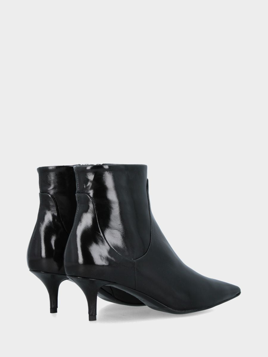 Bottine en verni miroir noir avec talon aiguille en forme de calice