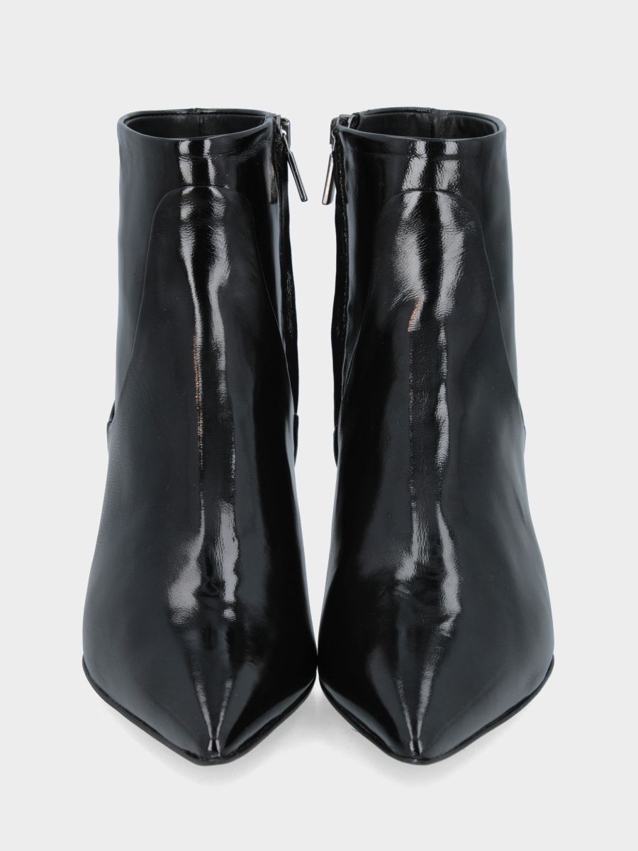 Bottine en verni miroir noir avec talon aiguille en forme de calice