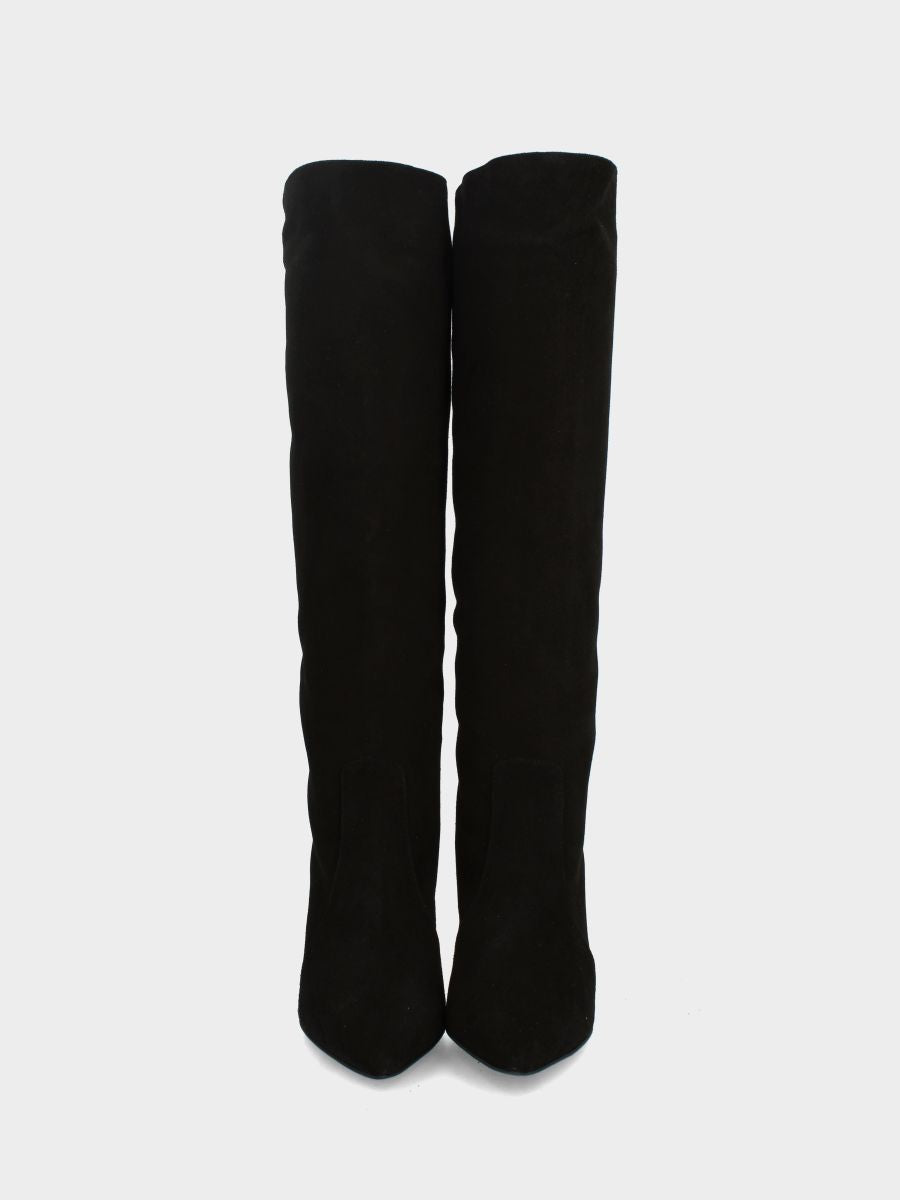 Schwarzer Wildlederstiefel mit spitzem Stilettoabsatz