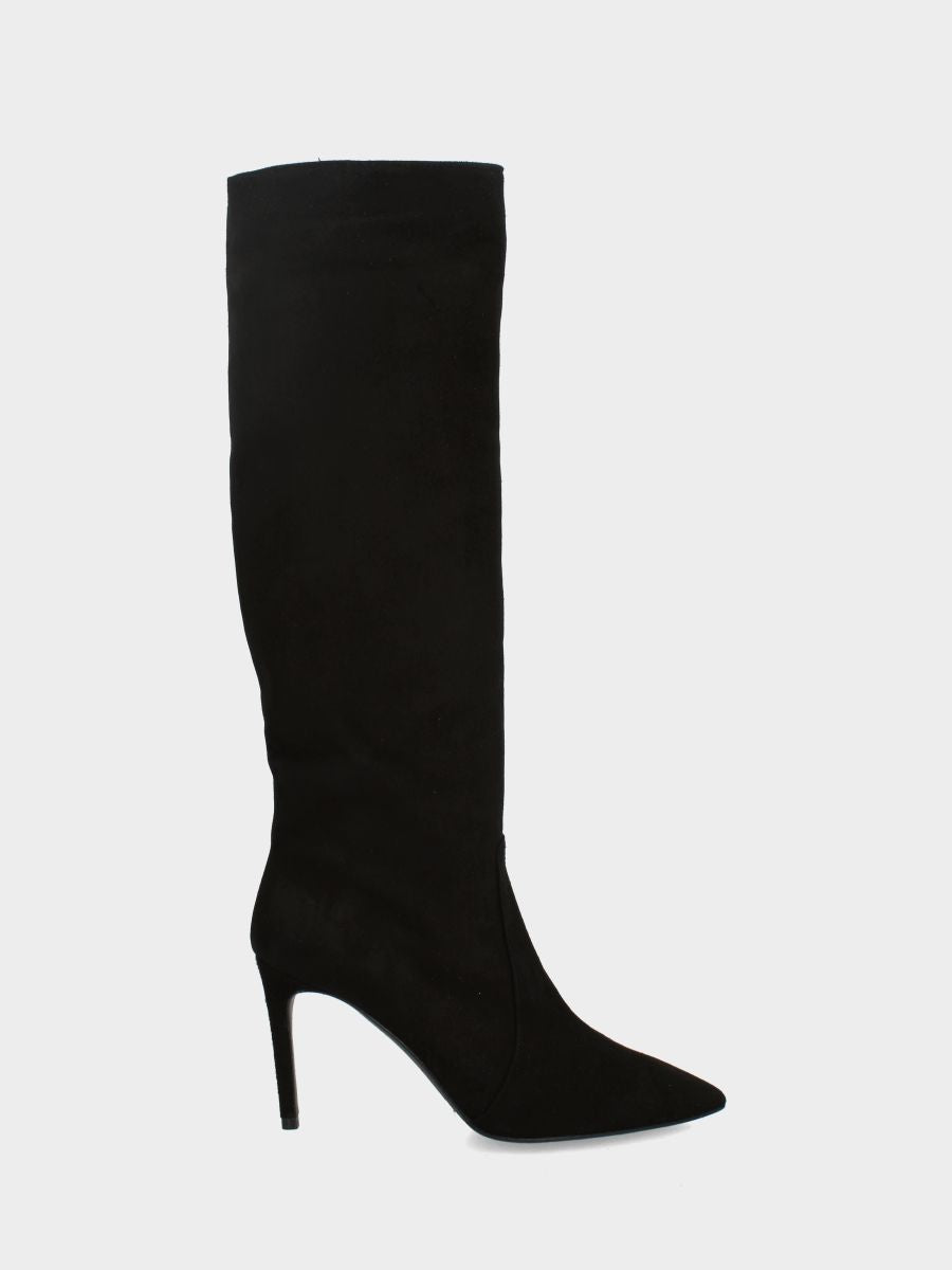 Schwarzer Wildlederstiefel mit spitzem Stilettoabsatz