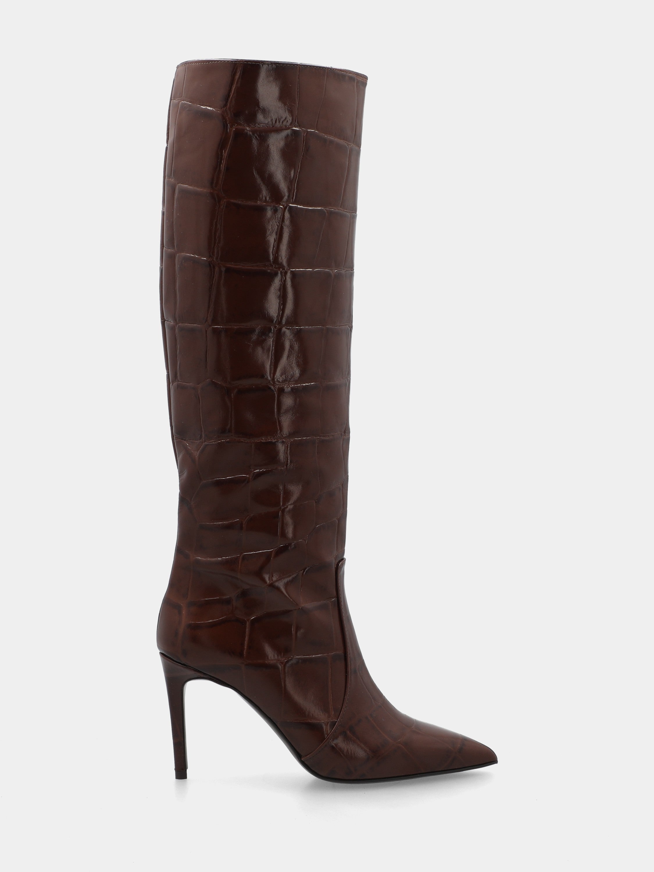 Botte en veau façon crocodile marron avec talon aiguille de 90 mm en queue