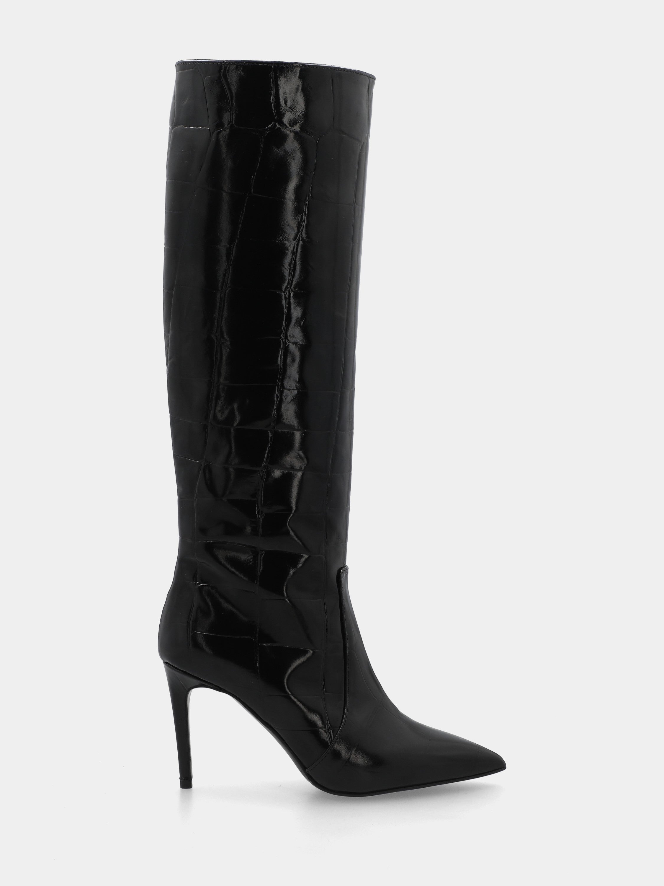 Botte en veau crocodile noir avec talon aiguille 90 mm en queue