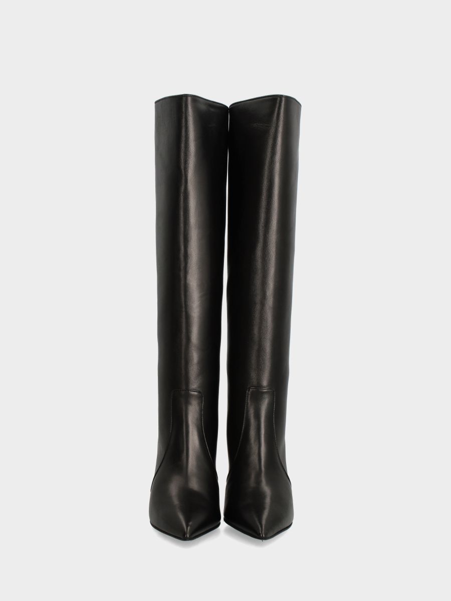 Botte en nappa noire à tige haute avec talon aiguille en queue