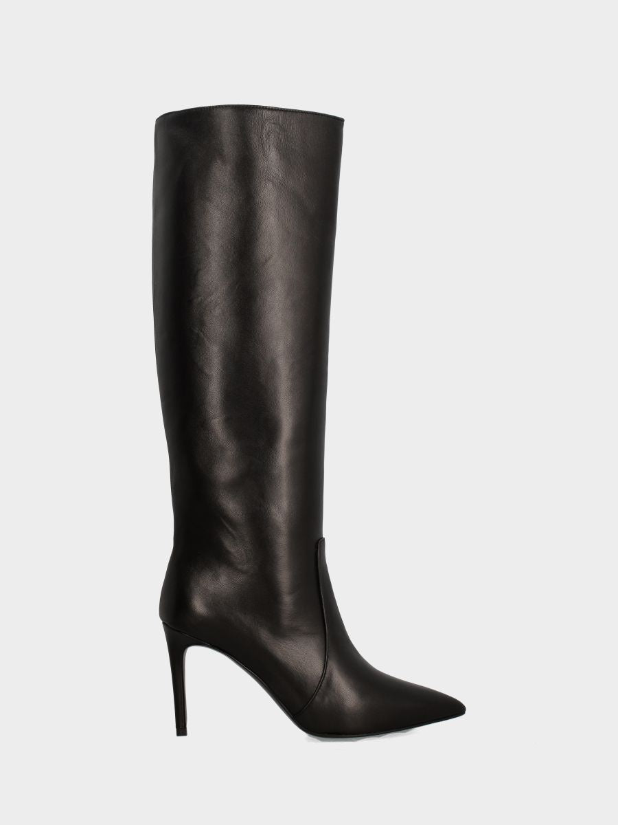 Botte en nappa noire à tige haute avec talon aiguille en queue