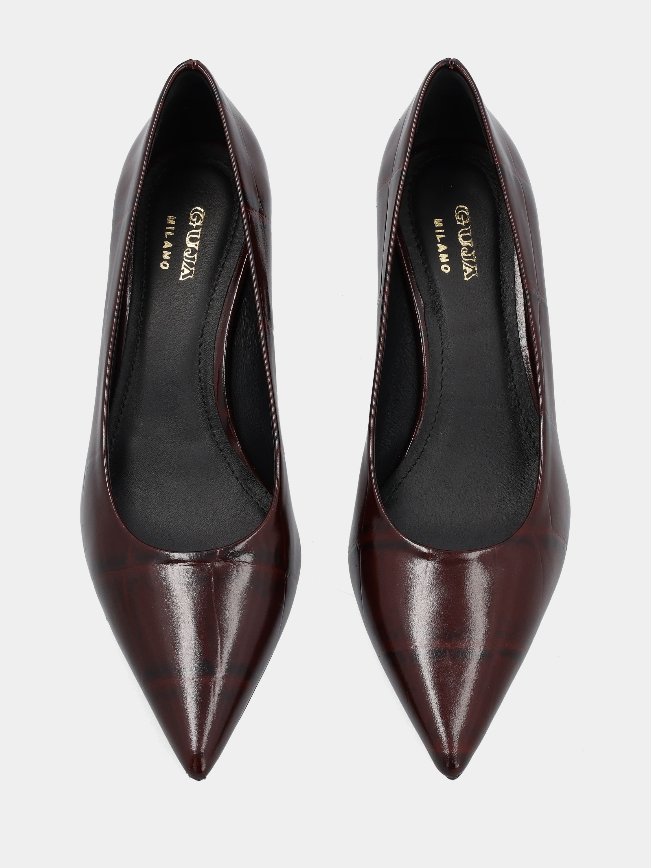 Bordeaux calfskin crocodile-effect pumps with spool heel