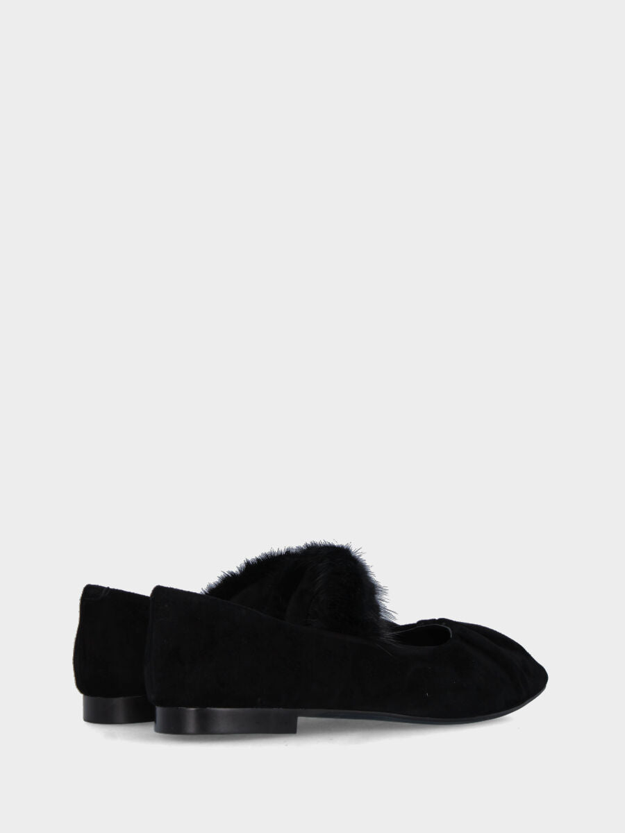 Ballerine Mary Jane en suède noir avec bride en vison