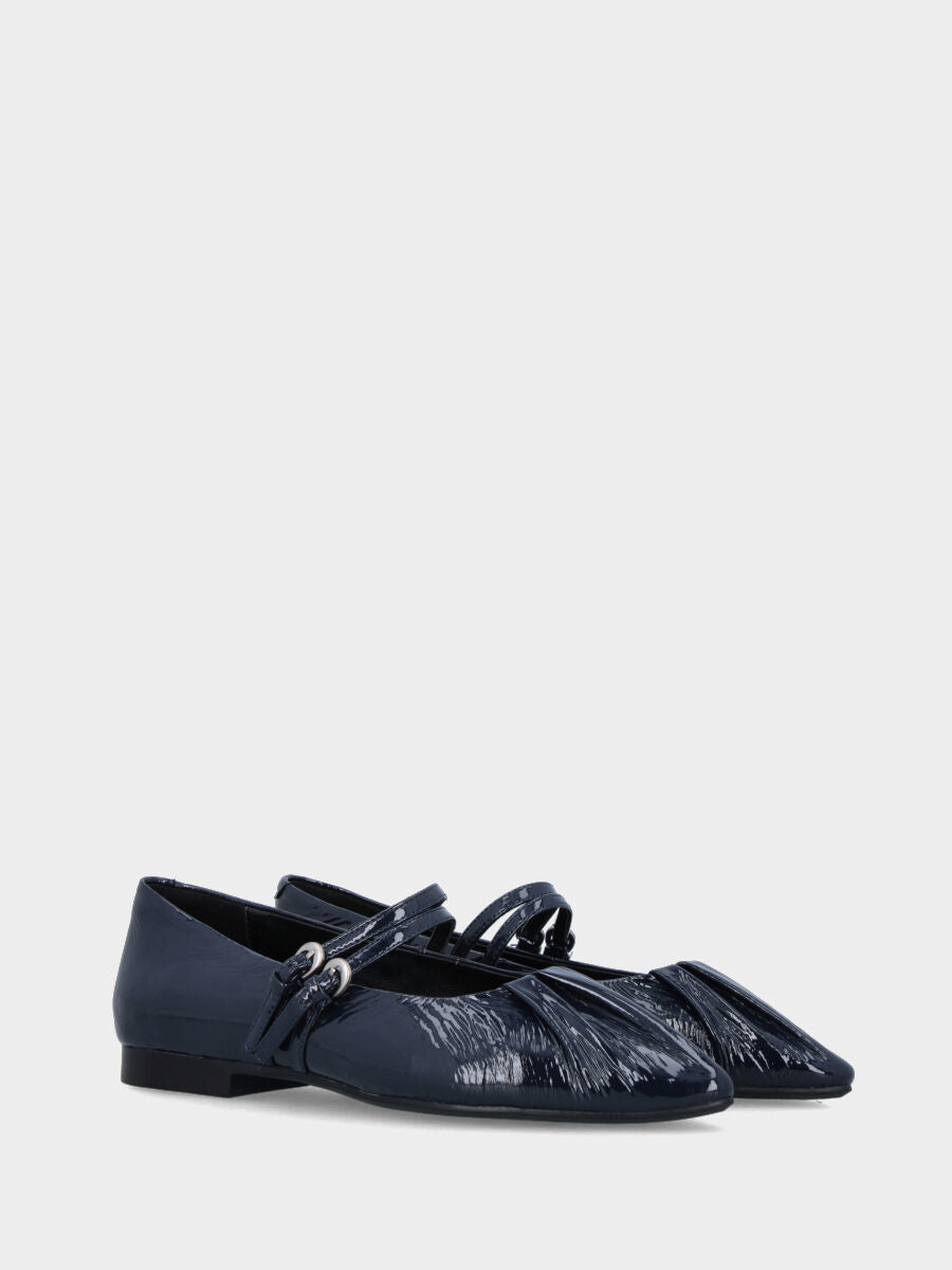 Ballerine Mary Jane en naplak bleu avec double bride et bout pointu