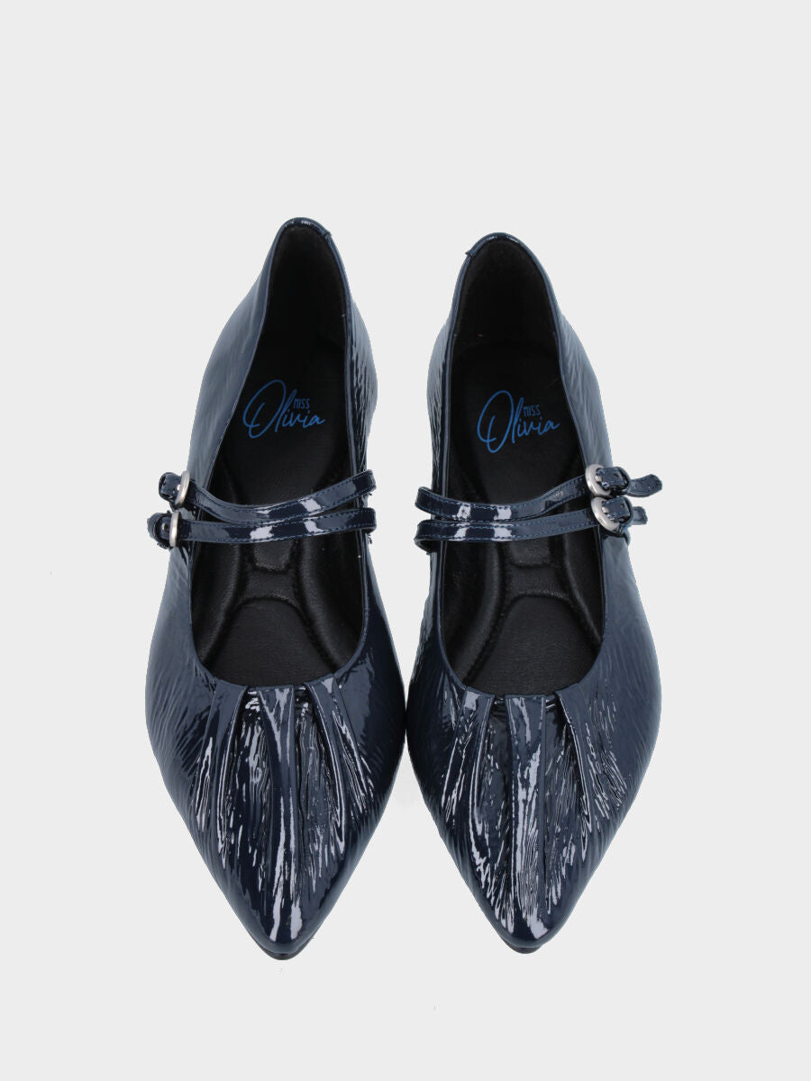Ballerina Mary Jane in naplak blu con doppio cinturino e punta sfilata