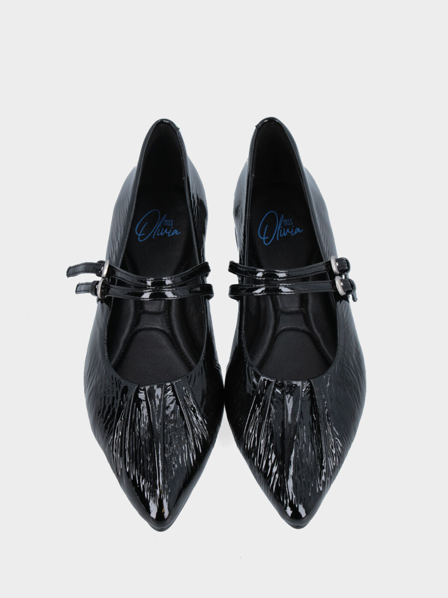 Ballerina Mary Jane in naplak nero con doppio cinturino e punta sfilata