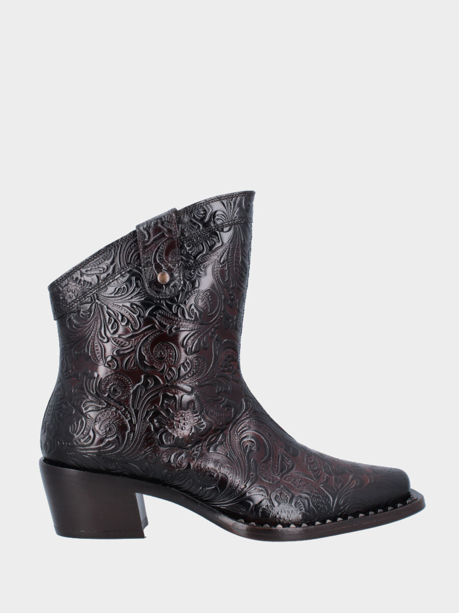 Cowboystiefel Stiefeletten aus Kalbsleder in Dunkelbraun mit Blumenmuster und Nieten