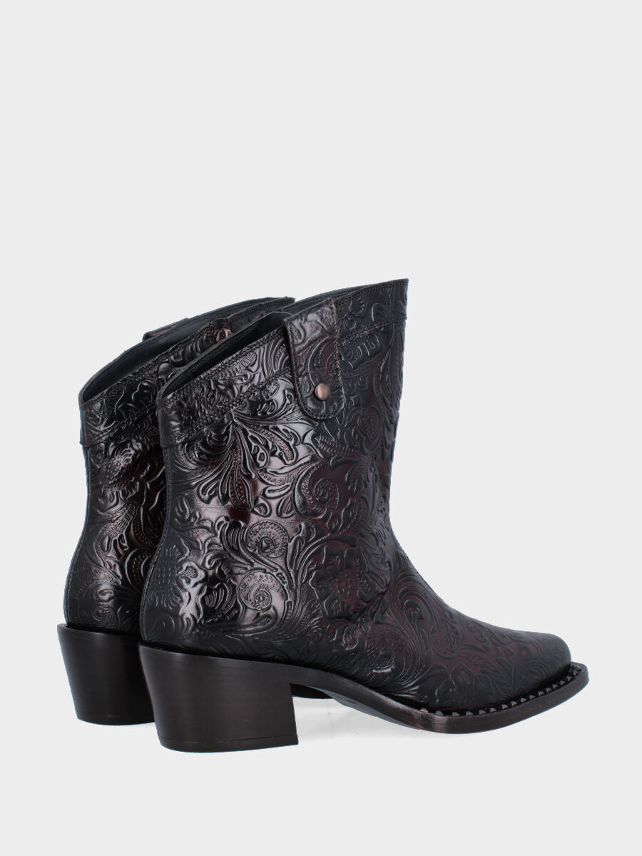 Cowboystiefel Stiefeletten aus Kalbsleder in Dunkelbraun mit Blumenmuster und Nieten