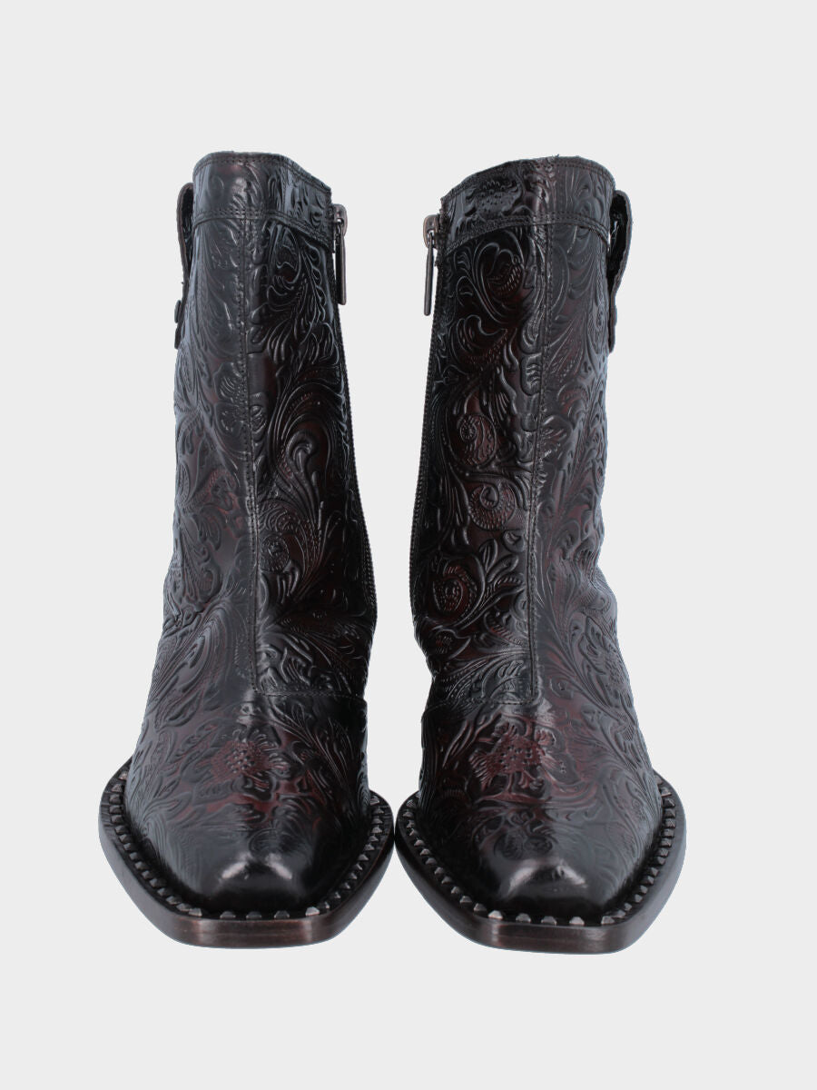 Cowboystiefel Stiefeletten aus Kalbsleder in Dunkelbraun mit Blumenmuster und Nieten