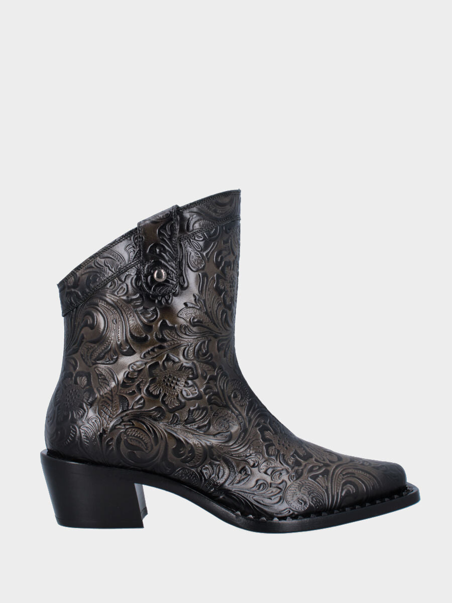 Bottes western à tige courte en veau anthracite avec imprimé floral et clous