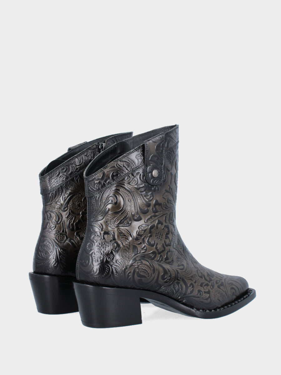 Bottes western à tige courte en veau anthracite avec imprimé floral et clous