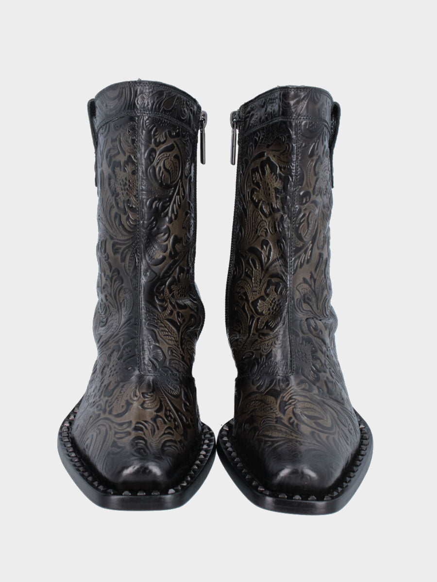 Bottes western à tige courte en veau anthracite avec imprimé floral et clous