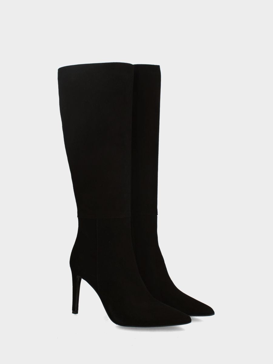 Schwarzer Wildlederstiefel mit 100 mm Stilettoabsatz in Pfotenform