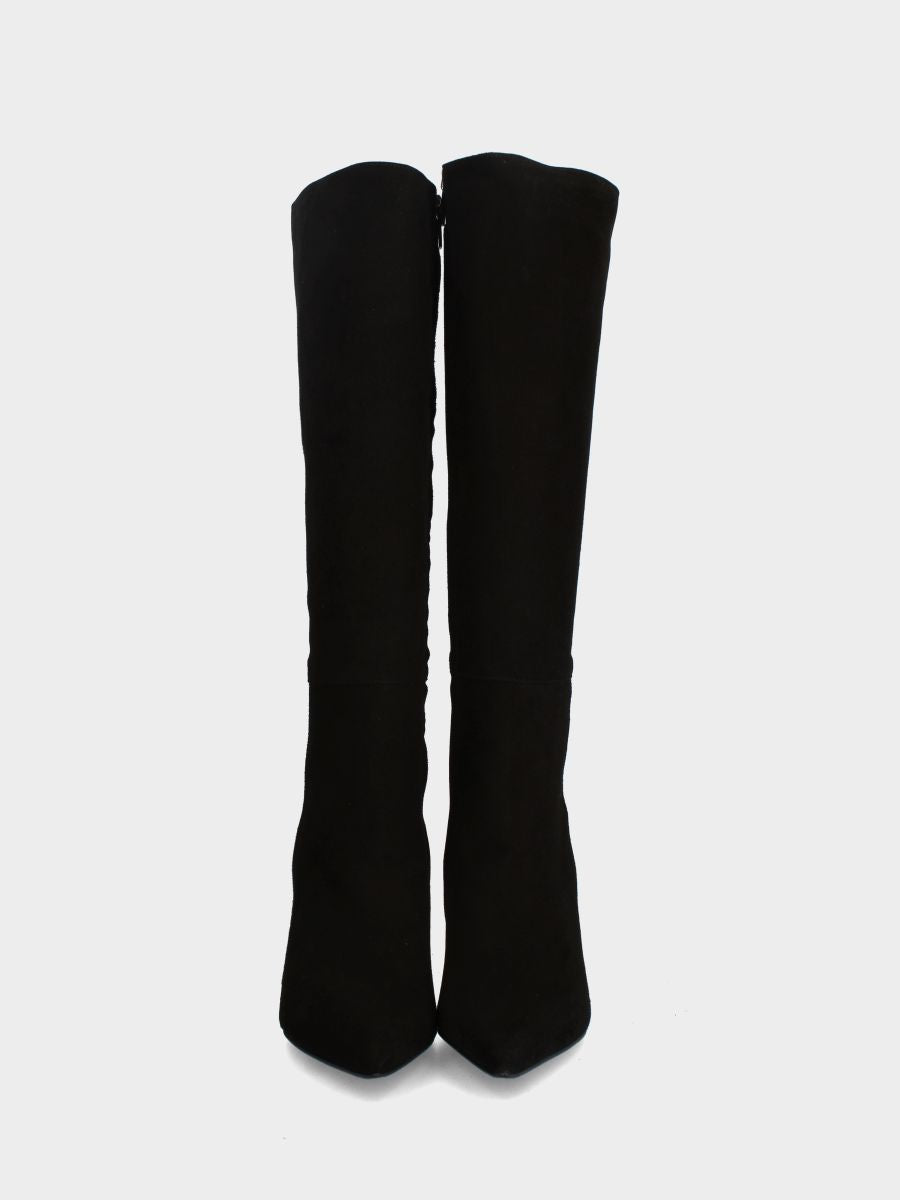 Schwarzer Wildlederstiefel mit 100 mm Stilettoabsatz in Pfotenform