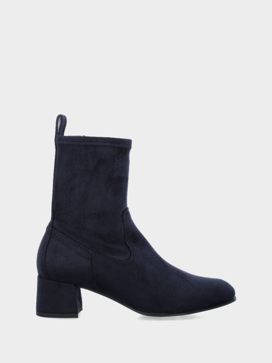 Stivaletto in tessuto elasticizzato blu con tacco medio e cerniera laterale