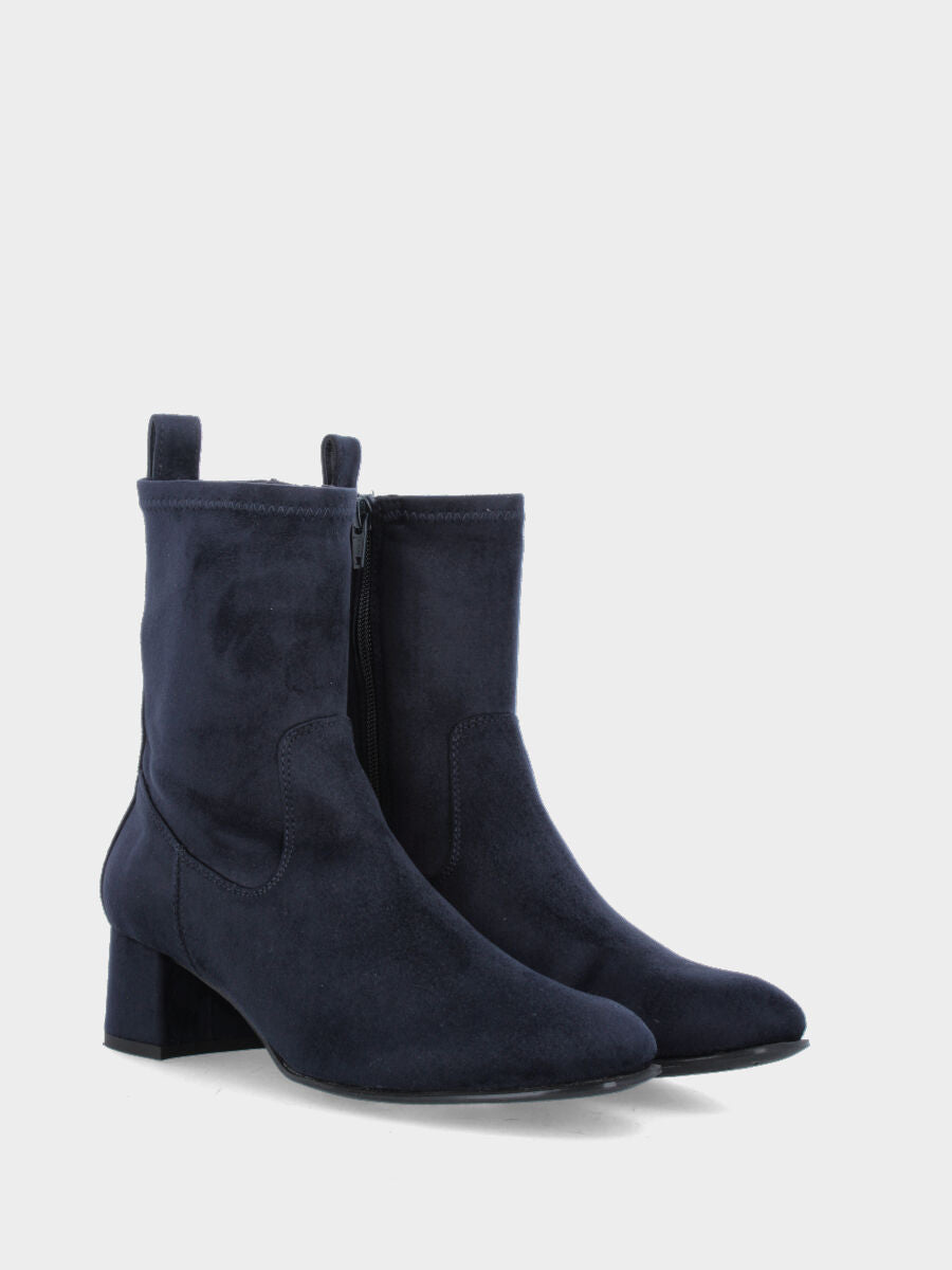 Stivaletto in tessuto elasticizzato blu con tacco medio e cerniera laterale