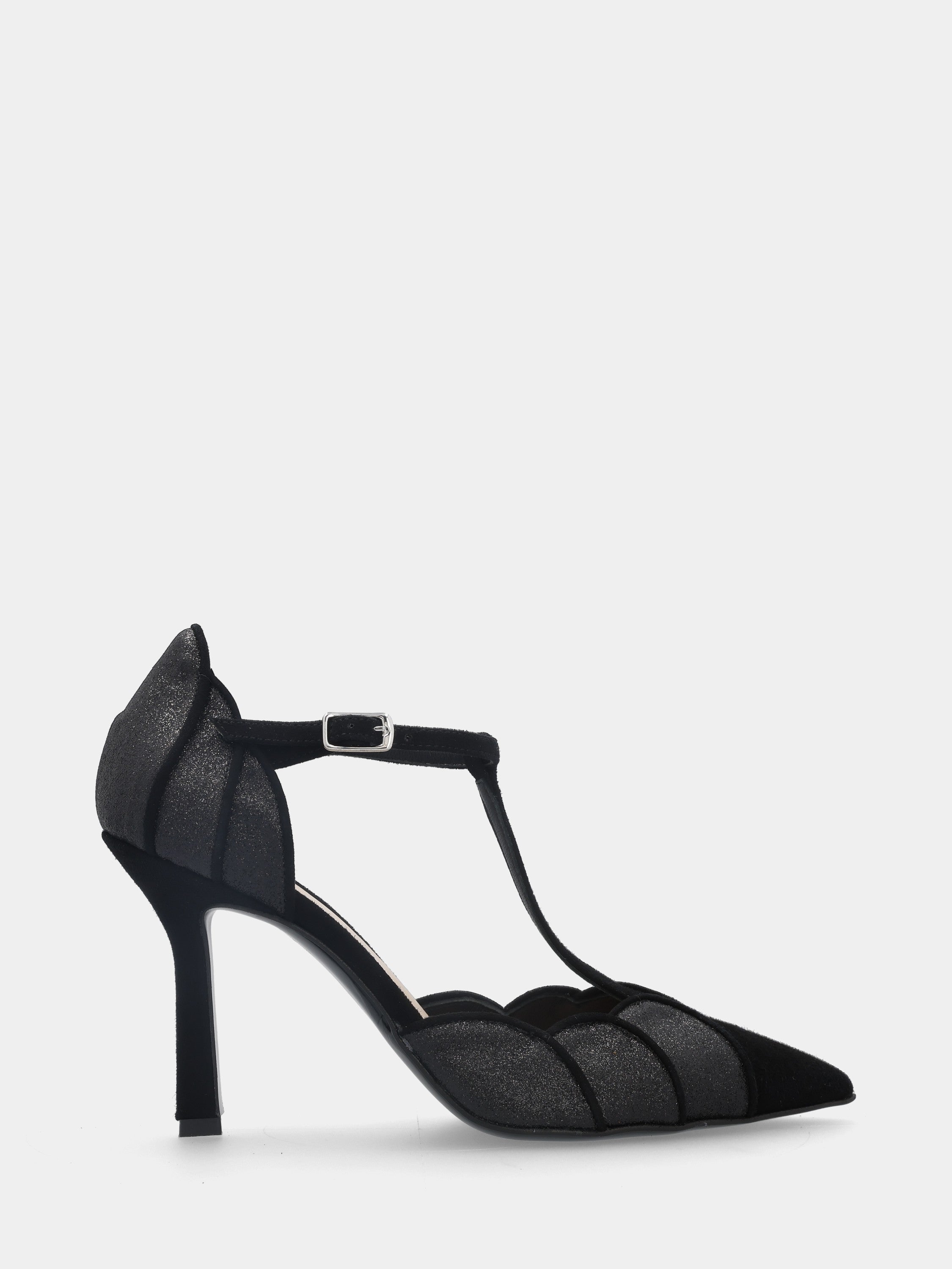 Pumps T-Riemen aus schwarzem Wildleder mit Pfennigabsatz und glitzerndem Obermaterial in Segmenten