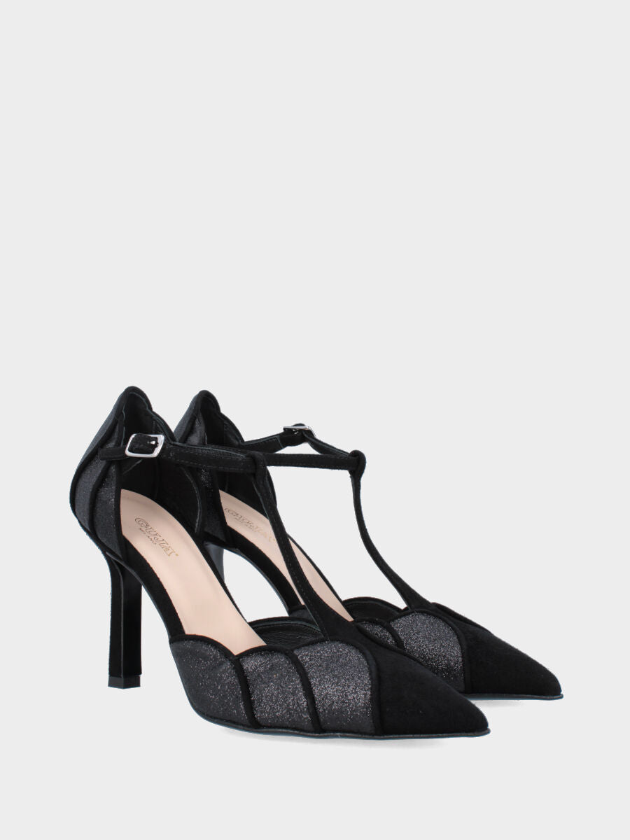 Décolleté T-bar in camoscio nero con tacco a coda e tomaia glitter a spicchi