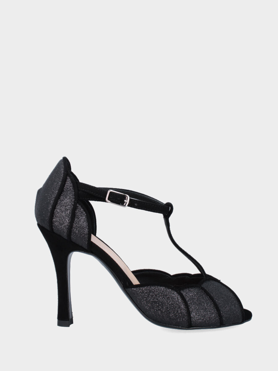 Sandalo T-bar in camoscio nero con tacco a coda e tomaia glitterata