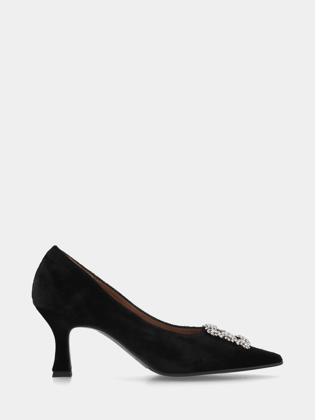 Décolleté in velluto nero con accessorio gioiello