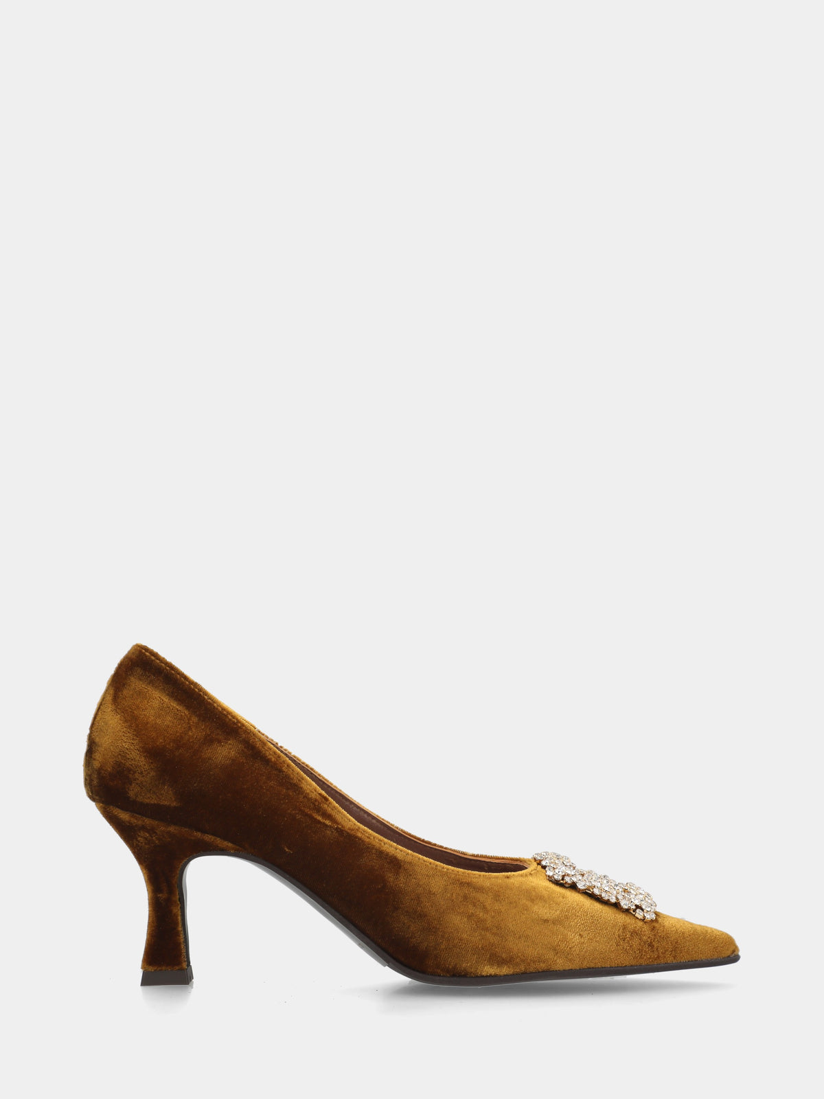 Décolleté in velluto oro con accessorio gioiello