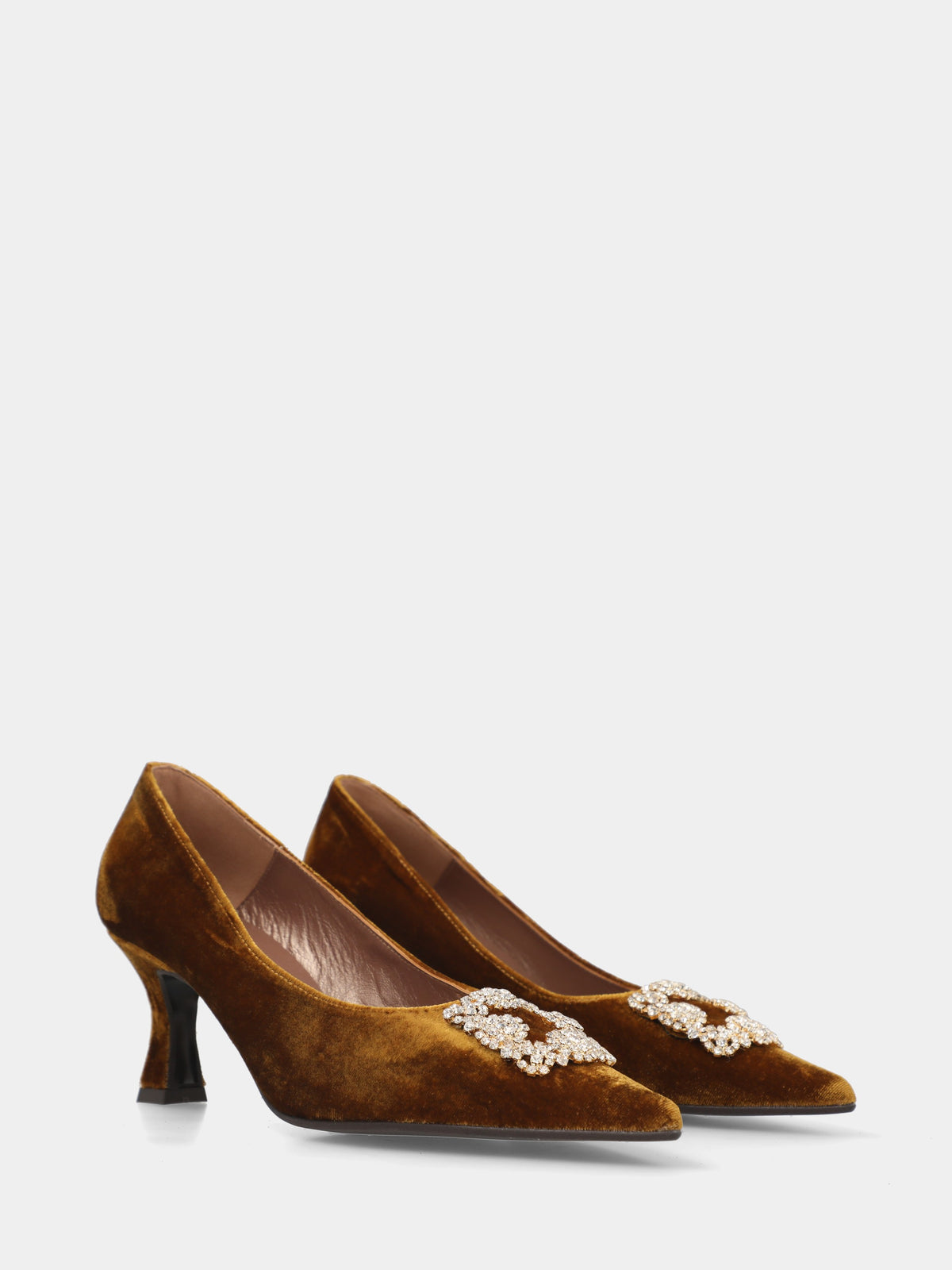 Décolleté in velluto oro con accessorio gioiello