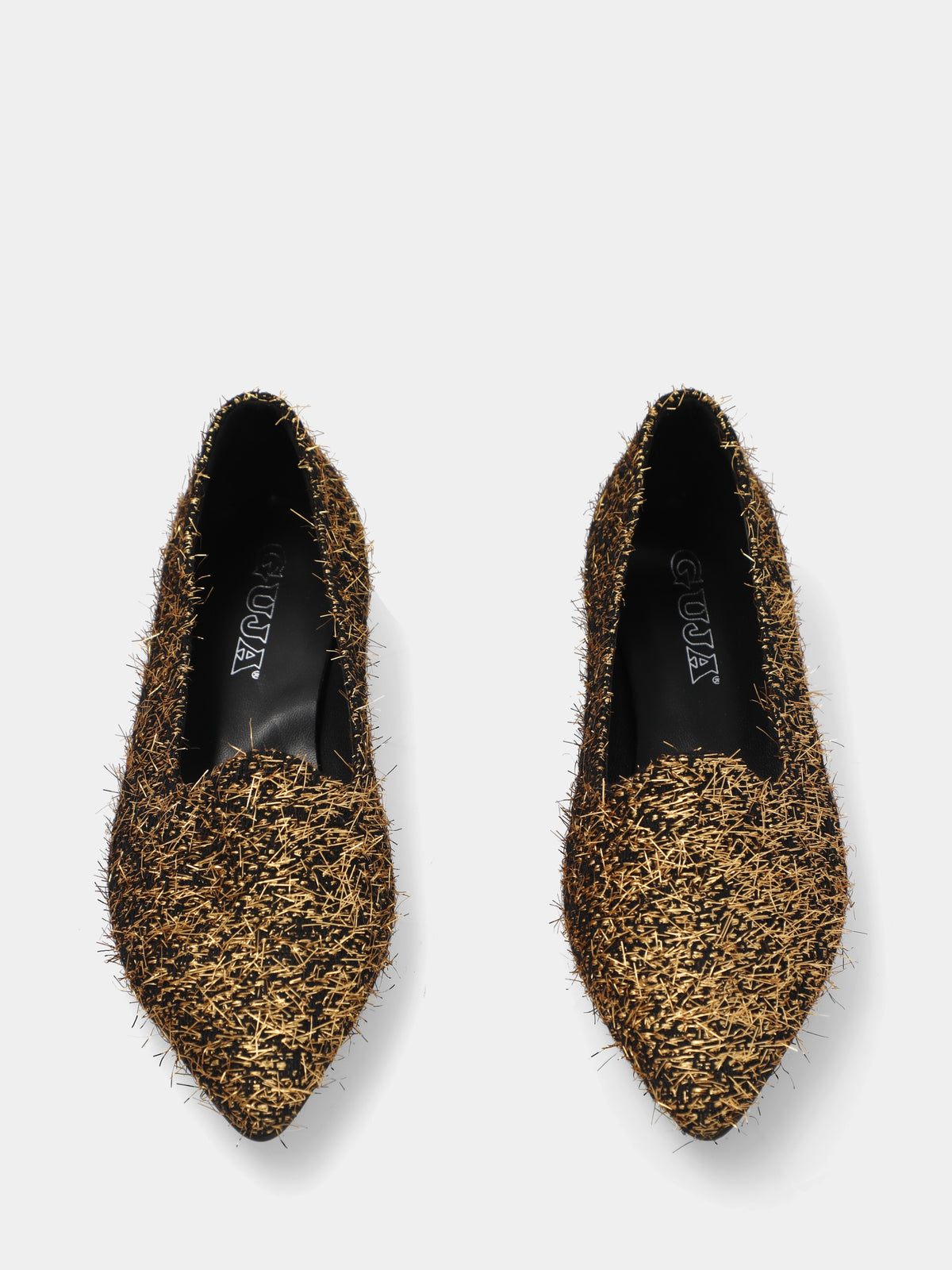 Pantofoline in tessuto oro con punta sfilata