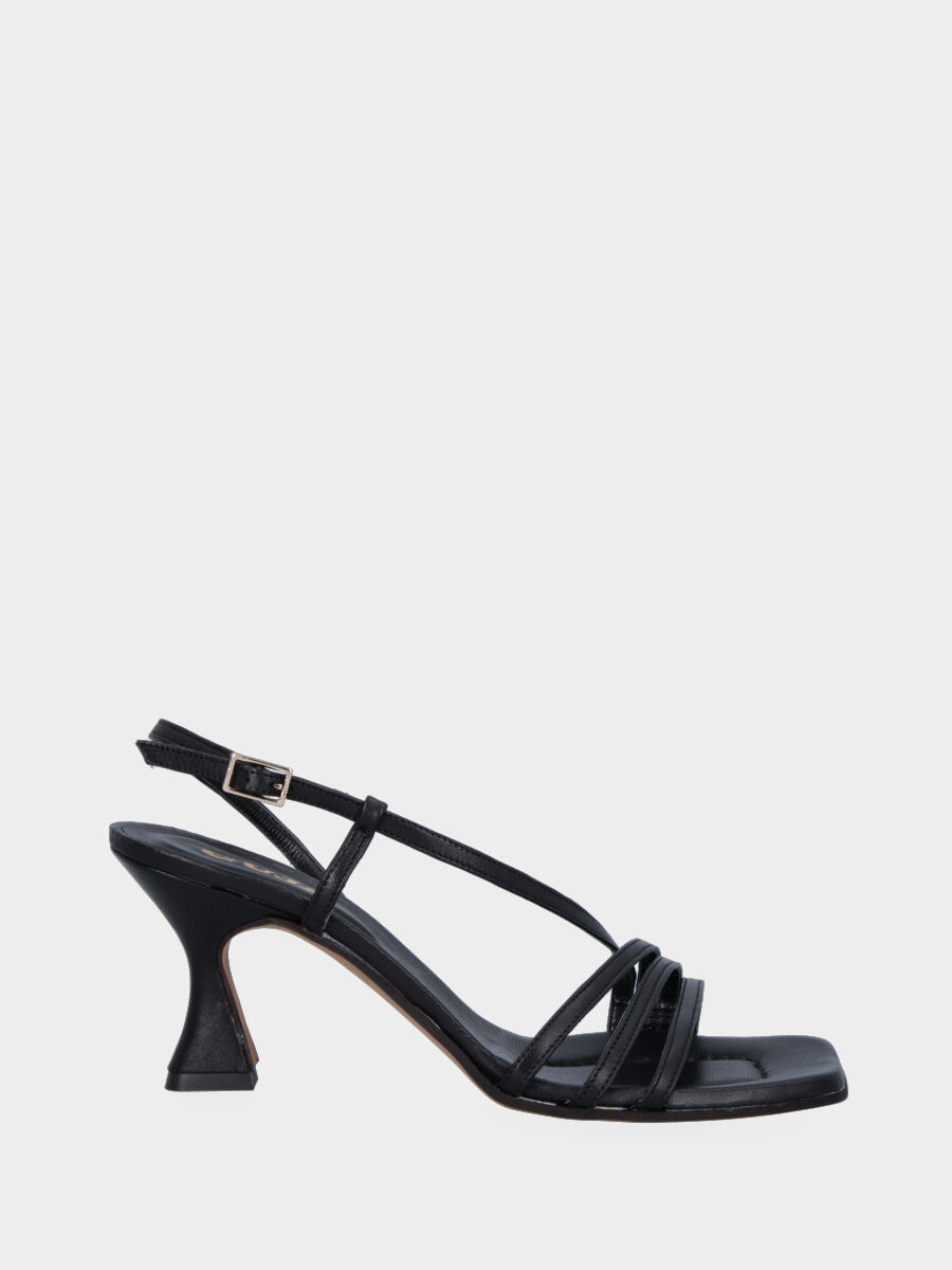 Sandale noire en cuir avec lanières et talon bobine