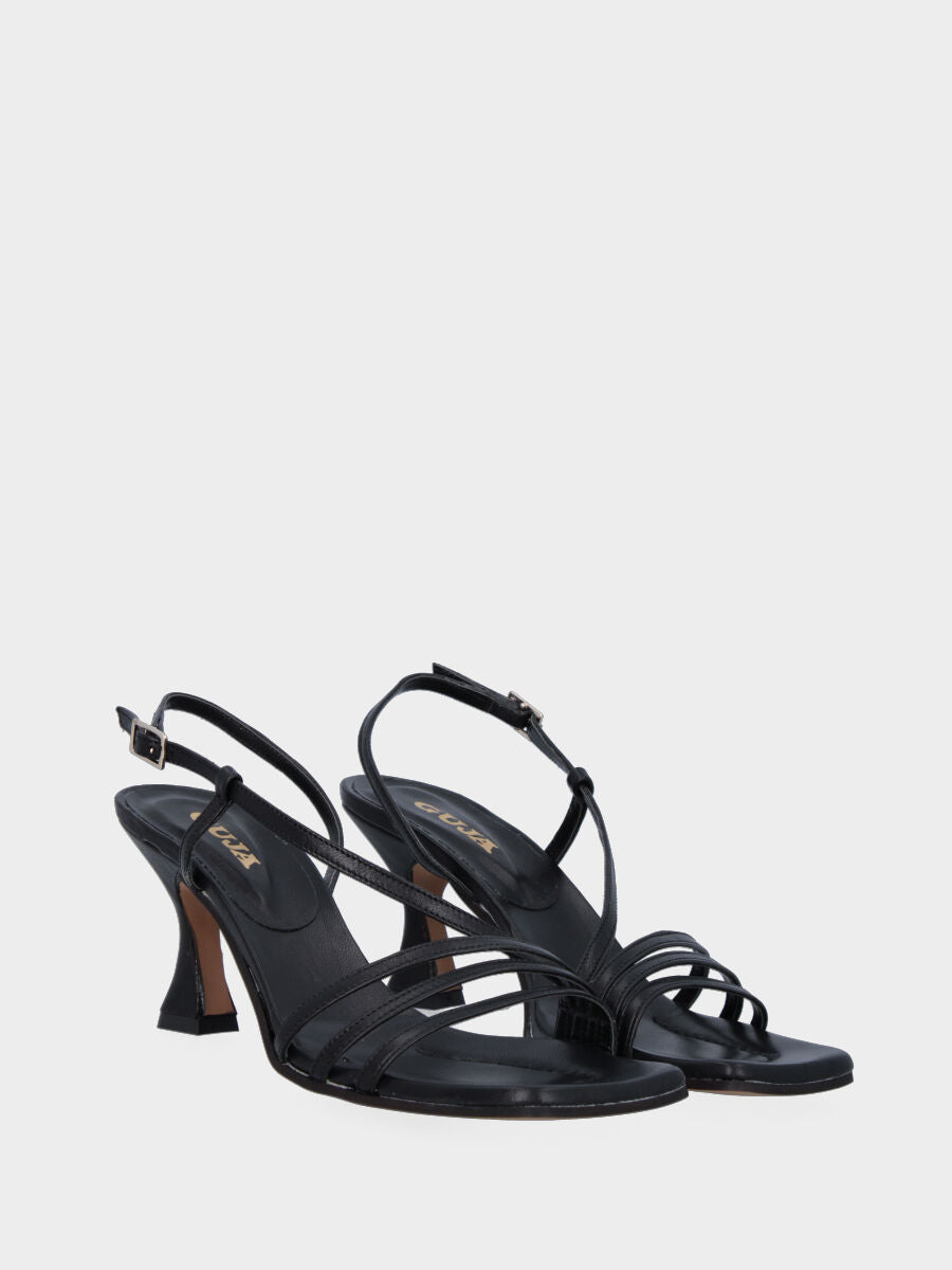 Sandale noire en cuir avec lanières et talon bobine