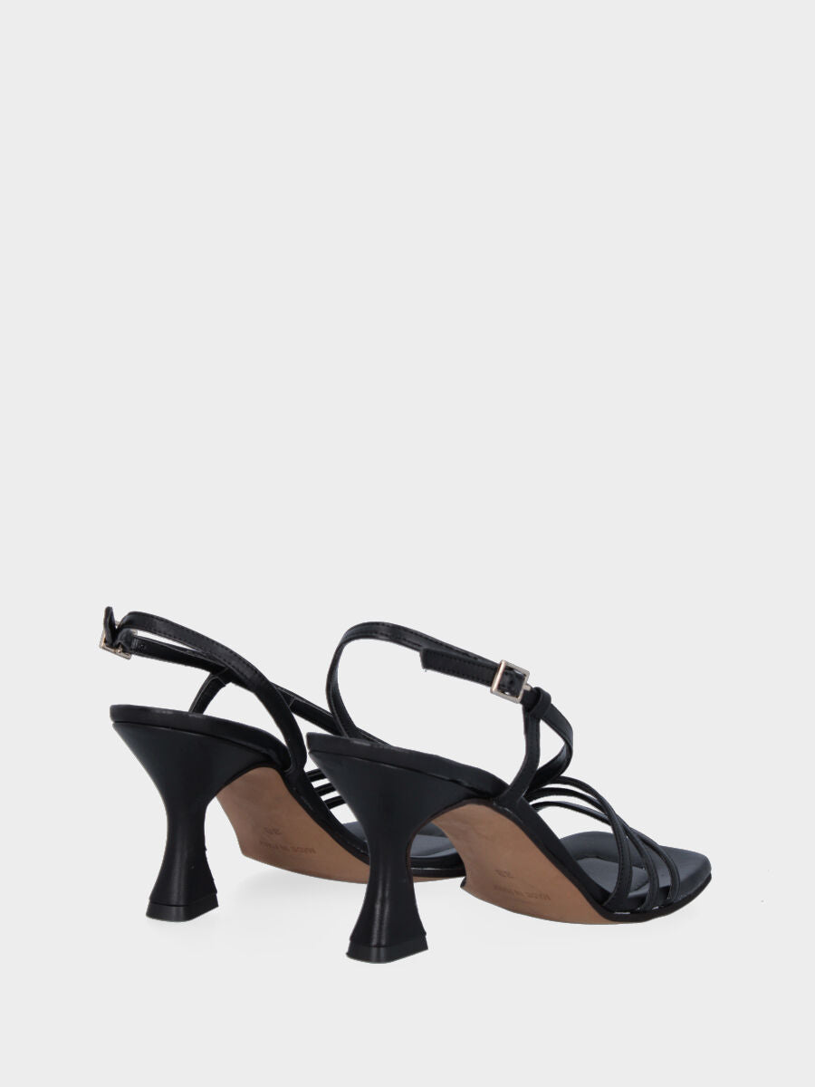 Sandale noire en cuir avec lanières et talon bobine