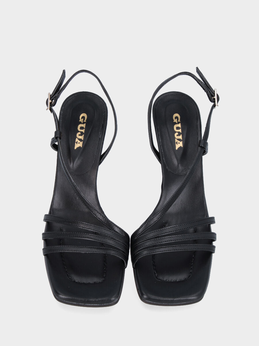 Sandale noire en cuir avec lanières et talon bobine