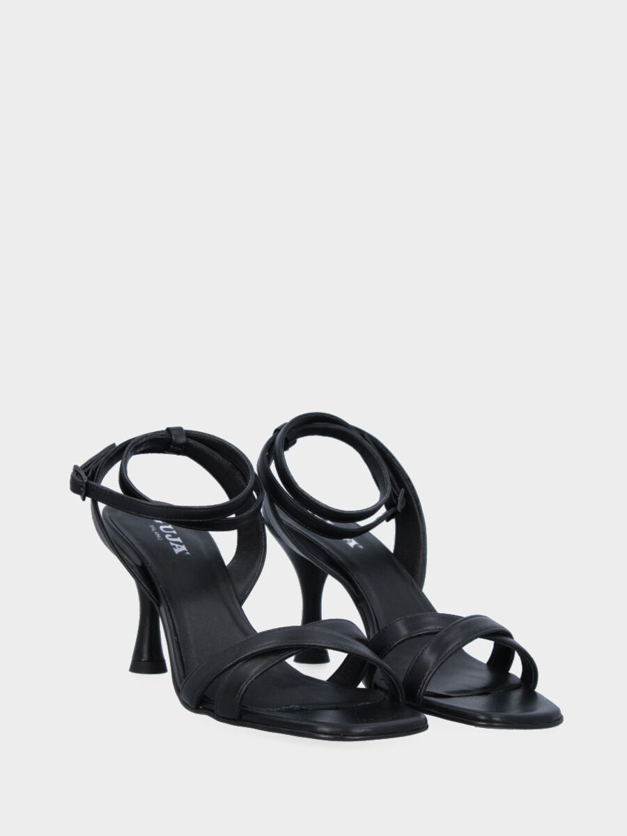 Sandalo nero in pelle con fascette incrociate