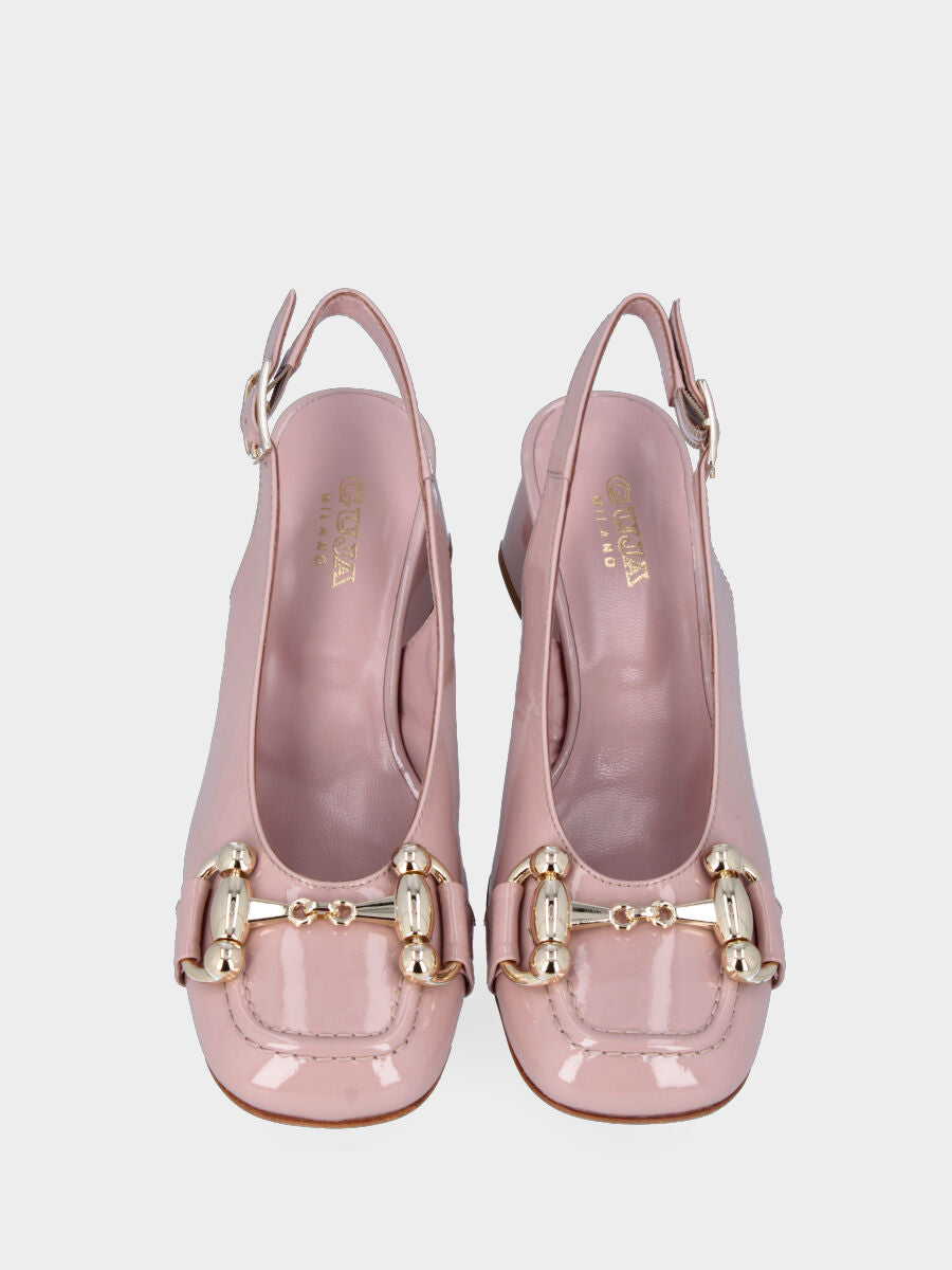 Rosa Pumps aus glänzendem Leder, Modell Slingback mit Metallverschluss