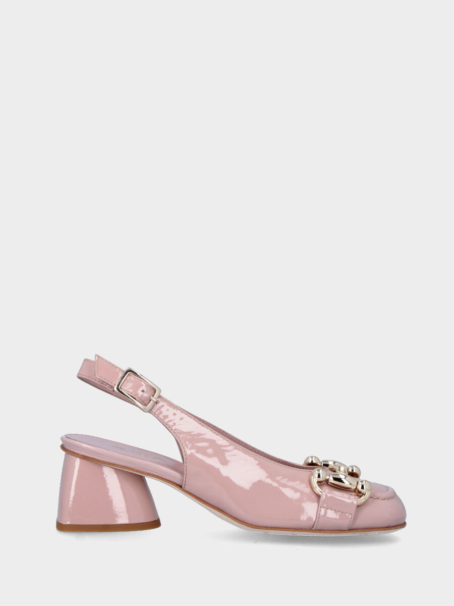 Rosa Pumps aus glänzendem Leder, Modell Slingback mit Metallverschluss