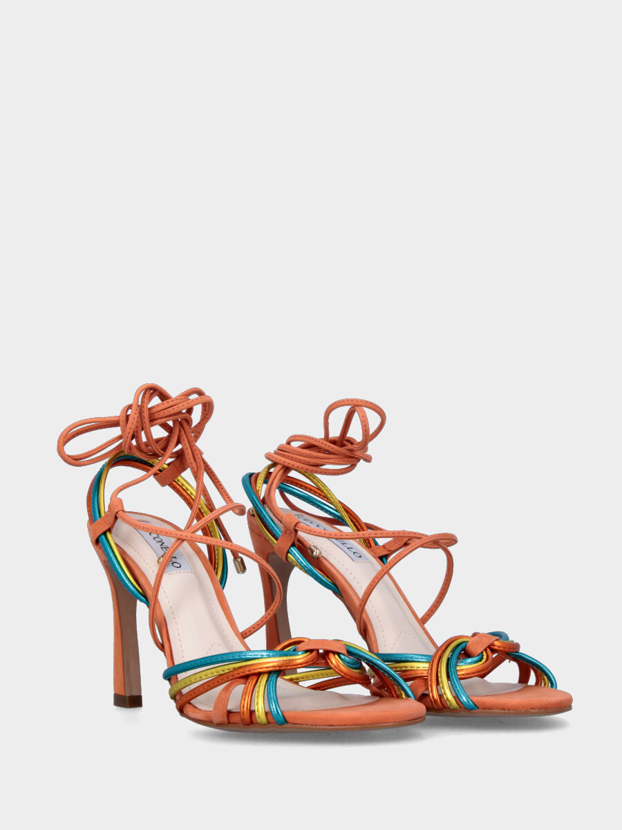Sandalo con tacco arancione in pelle con listini multicolor e lacci alla caviglia