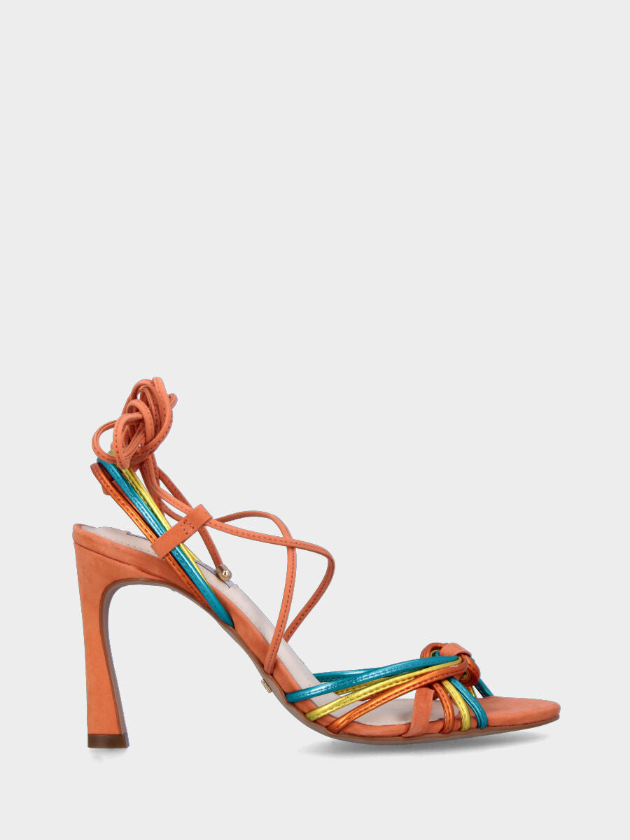Sandalo con tacco arancione in pelle con listini multicolor e lacci alla caviglia