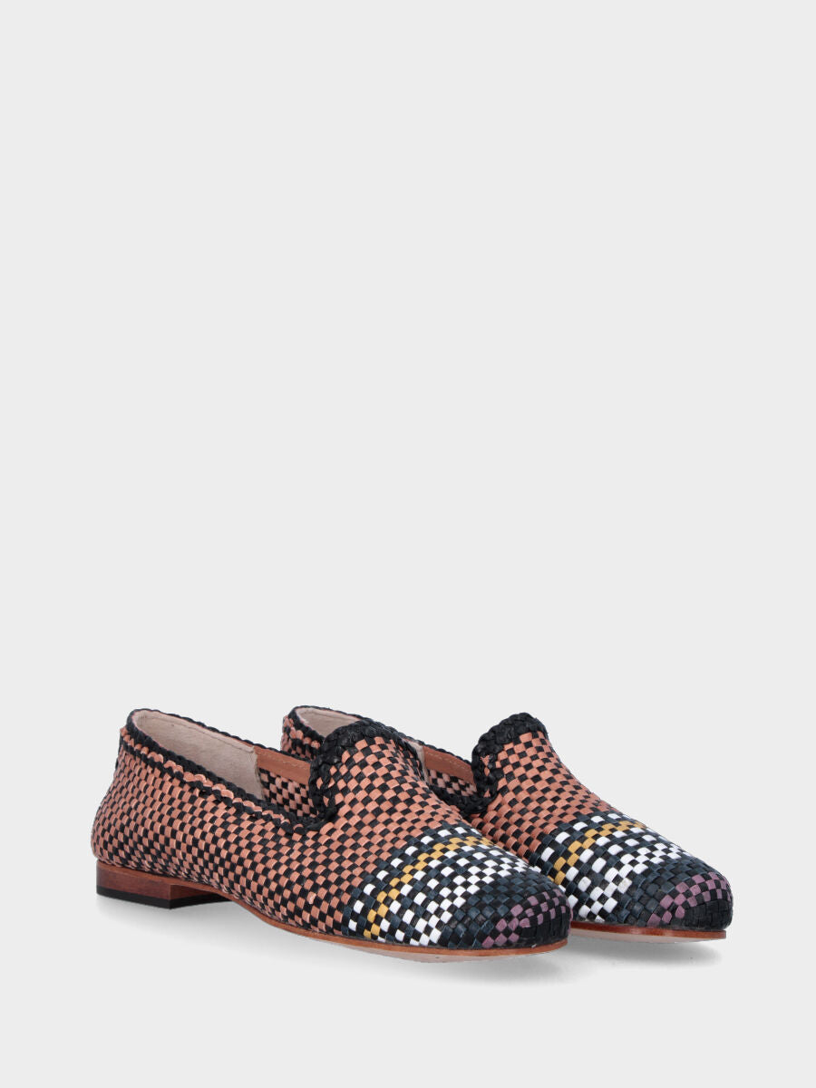 Pantofolina nera e camel in pelle con punta multicolor