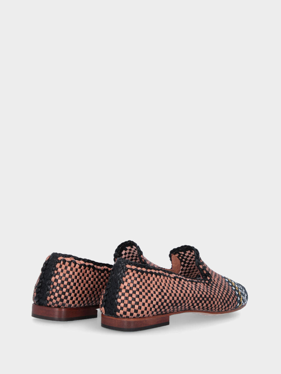 Pantofolina nera e camel in pelle con punta multicolor