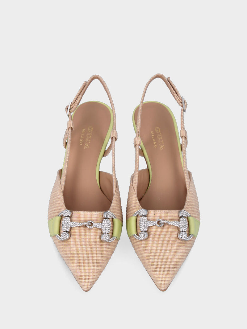 Décolleté beige e verde in fibre naturali modello slingback con morsetto metallico