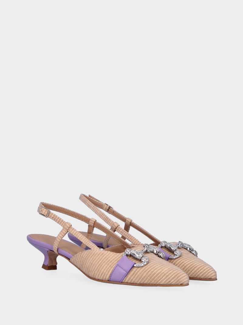 Décolleté beige e viola in fibre naturali modello slingback con morsetto metallico