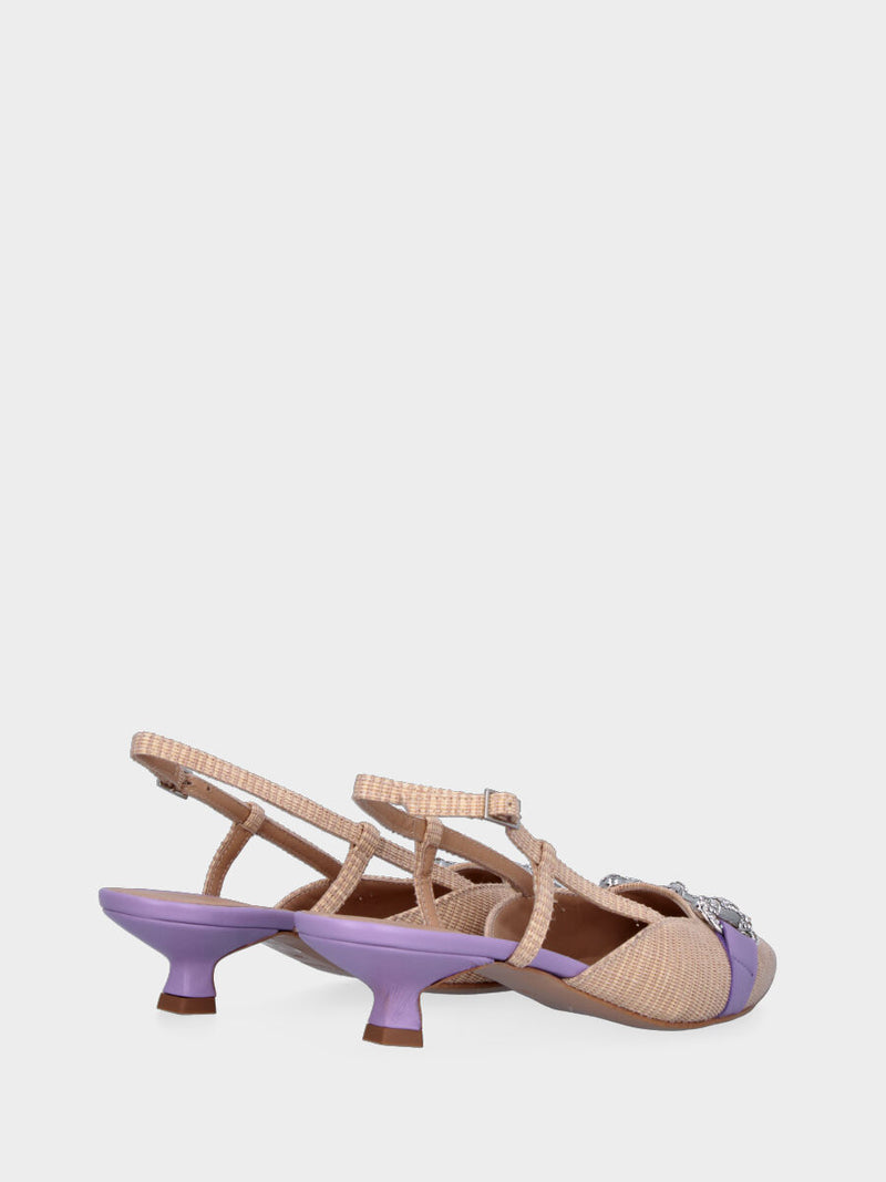 Décolleté beige e viola in fibre naturali modello slingback con morsetto metallico